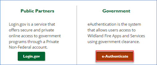 Image showing the two different EGP log on buttons. The public partners login.gov button, and the government e-authenticate button.
